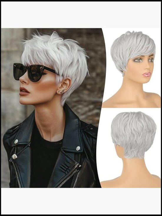 Short Pixie Wig Synthetic Wavy Layered Haircut with Bangs Glueless